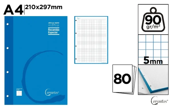 RECHARGE A4 90 g/m² 80 FEUILLES 4 TROUS.