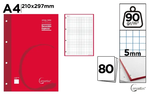 RECHARGE A4 90 g/m² 80 FEUILLES 4 TROUS.