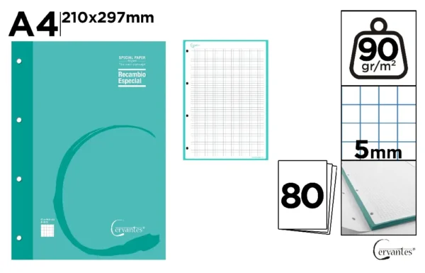 RECHARGE A4 90 g/m² 80 FEUILLES 4 TROUS.