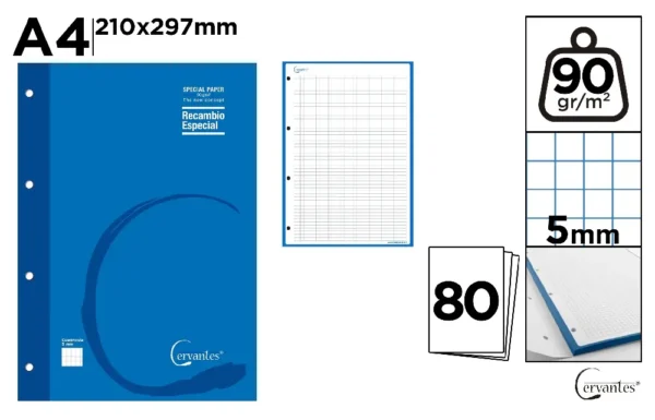 RECHARGE A4 90 g/m² 80 FEUILLES 4 TROUS.