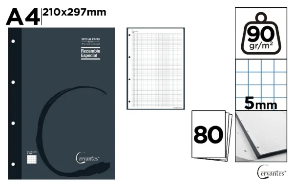 RECHARGE A4 90 g/m² 80 FEUILLES 4 TROUS.