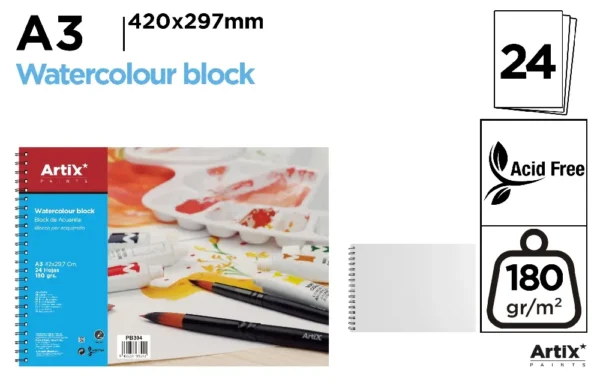 BLOC AQUARELLE 24 FEUILLES A3.