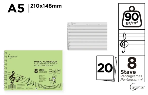 CAHIER DE MUSIQUE 8 PORTÉES A5.