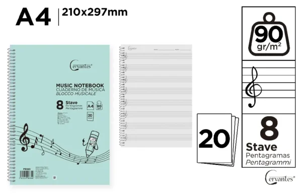 CAHIER DE MUSIQUE 8 PORTÉES A4