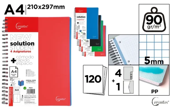 CAHIER À SPIRALE A4 120 FEUILLES ET 4 CO