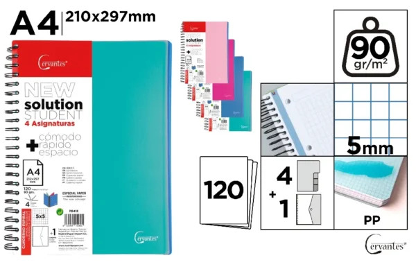 CAHIER À SPIRALE A4 120 FEUILLES ET 4 CO