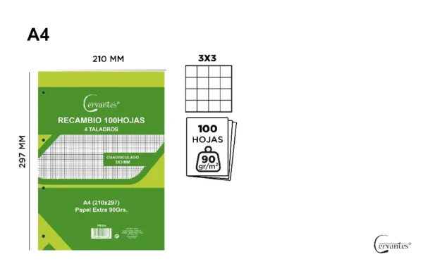 RECHARGES A4 QUADRILLÉE 3 x 3 mm 100 FEU