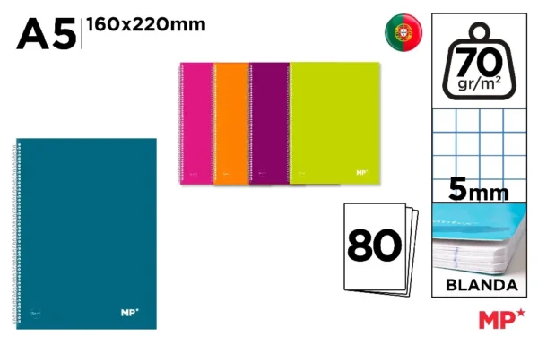 CAHIER À SPIRALE COUVERTURE COLORÉE A5 70 g/m² QUA