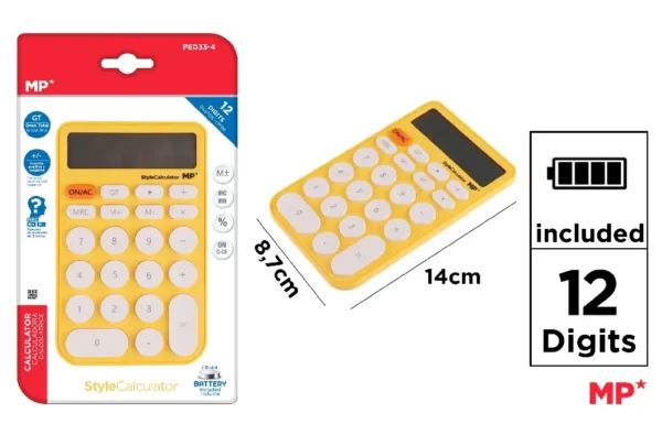 CALCULATRICE DE BUREAU À PILES JAUNE.