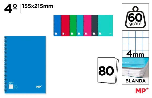 CAHIER À SPIRALE 4º 80 FEUILLES 60 g/m²