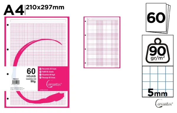 RECHARGES A4 QUADRILLÉE 5 x 5 mm COULEUR