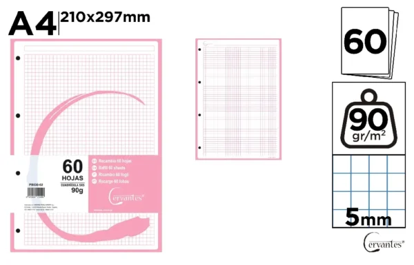 RECHARGES A4 QUADRILLÉE 5 x 5 mm COULEUR