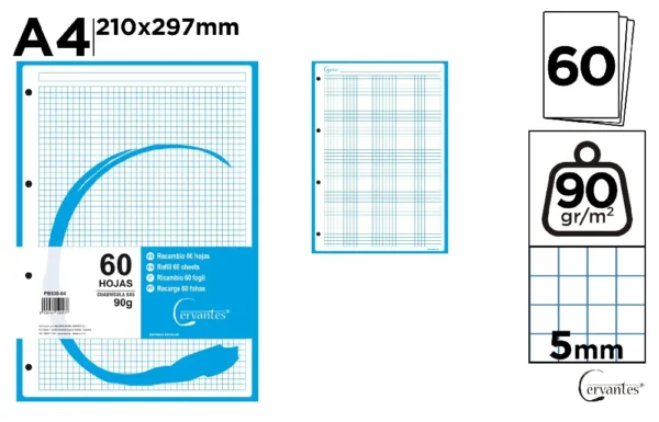 RECHARGES A4 QUADRILLÉE 5 x 5 mm COULEUR