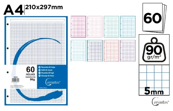 RECHARGES A4 QUADRILLÉE 5 x 5 mm COULEUR