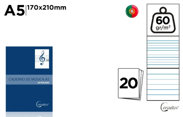 CARNET DE MUSIQUE A5 60 g/m² PORTÉES MUSICALES