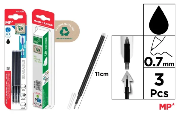 RECHARGE POUR STYLO EFFAÇABLE NOIRE 3 Unités