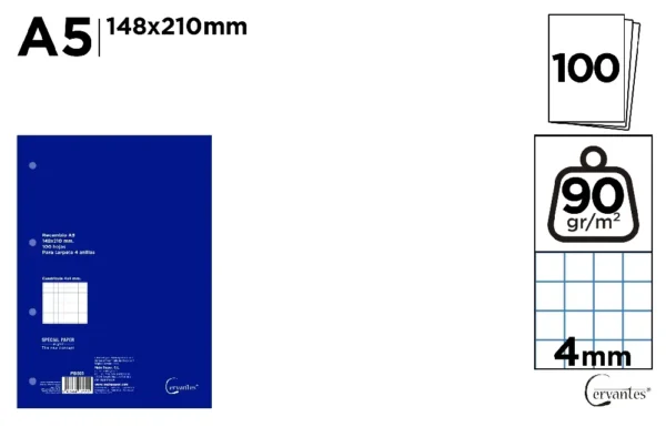 RECHARGES A5 QUADRILLÉE 4 x 4 mm 100 FEU