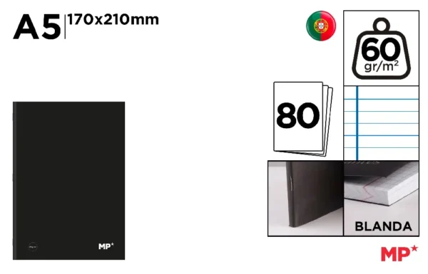 NOTEBOOK BLACK COVER A5 80 PAPIERS 60 g/