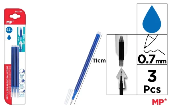 RECHARGE POUR STYLO EFFAÇABLE BLEU 3 Uni