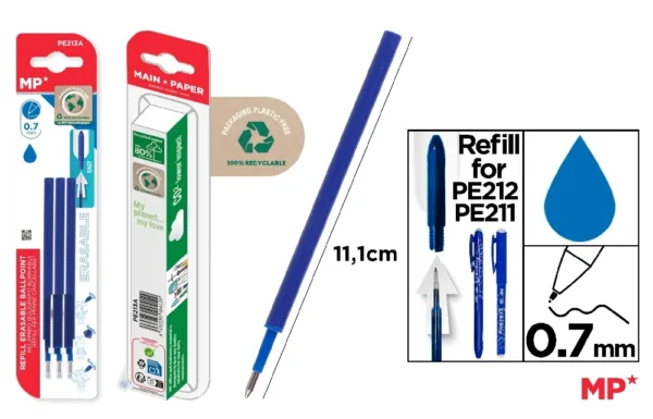 RECHARGE POUR STYLO EFFAÇABLE BLEU 3 Pcs