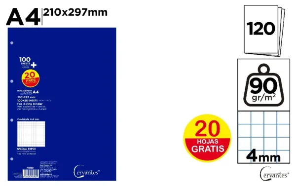 RECHARGES FORMAT A4 90 g/m² 120 FEUILLES
