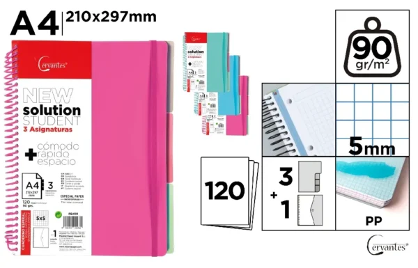 CAHIER À SPIRALE A4 120 FEUILLES ET 3 IN