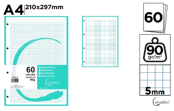 RECHARGES A4 QUADRILLÉE 5 x 5 mm COULEUR