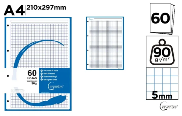 RECHARGES A4 QUADRILLÉE 5 x 5 mm COULEUR