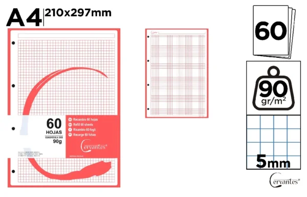 RECHARGES A4 QUADRILLÉE 5 x 5 mm COULEUR