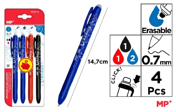 STYLO BILLE EFFAÇABLE À CLIC 4 Unités