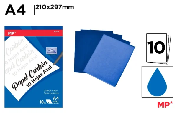PAPIER CARBONE 10 FEUILLES BLEU.
