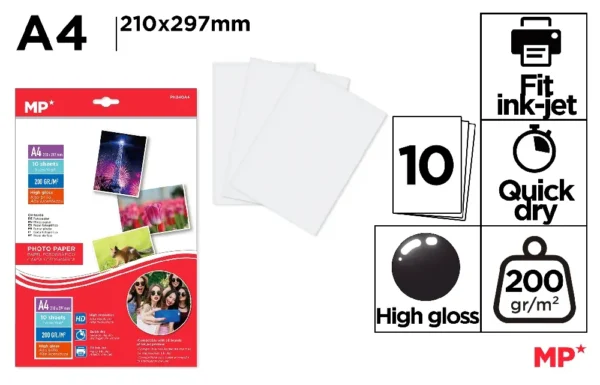 PAPIER PHOTO BRILLANT 10 FEUILLES A4.