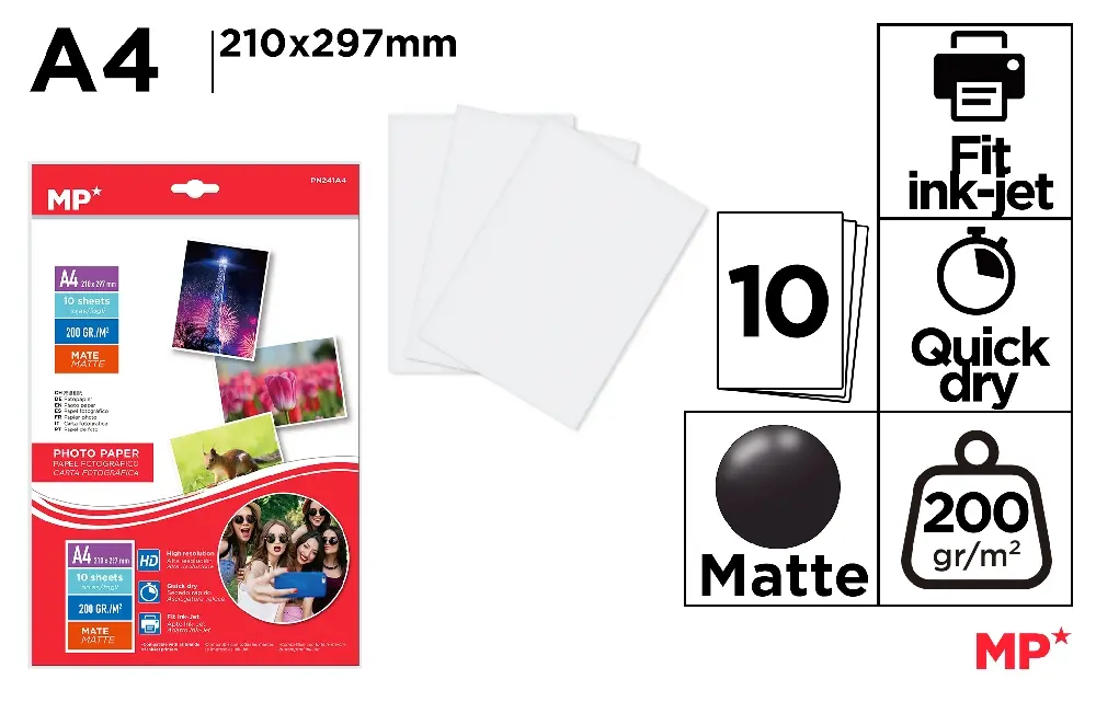 PAPIER PHOTO MAT 10 FEUILLES A4.