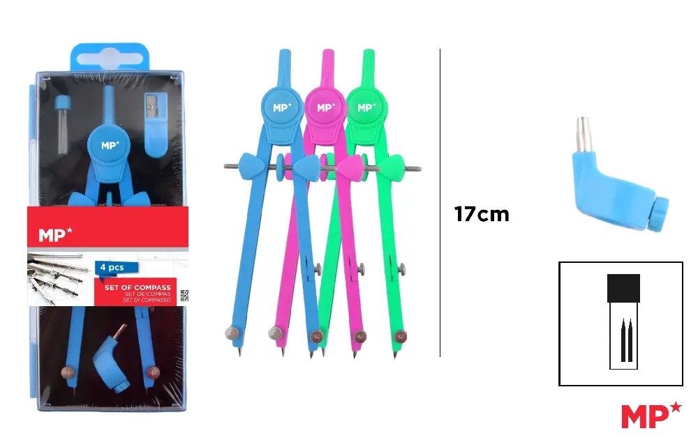 COMPAS À POINTES SÈCHES 4 PIÈCES COLORÉ