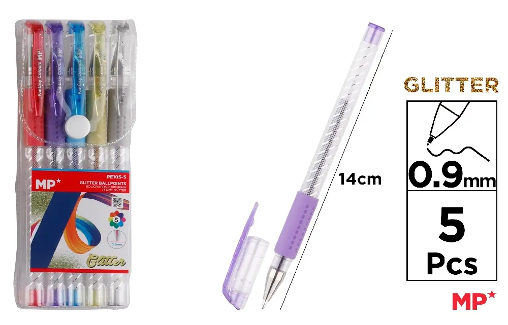 STYLOS PAILLETTES 5 COULEURS.