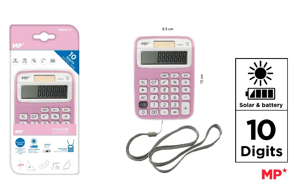 CALCULATRICE SOLAIRE ET À PILES ROSE.