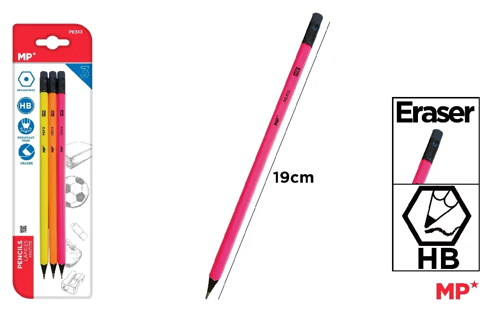 CRAYONS AVEC GOMME FLUORESCENTE.