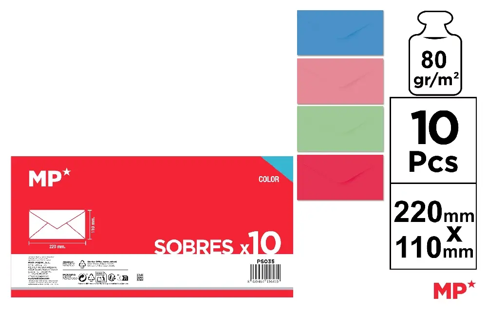 ENVELOPPE COULEUR 220 x 110 mm 10 Unités