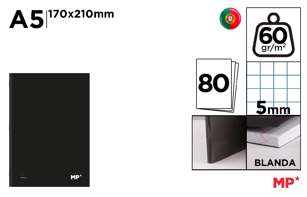 NOTEBOOK BLACK COVER A5 80 PAPIERS 60 g/