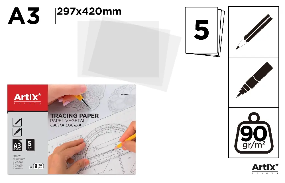 PAPIER CALQUE A3 5 FEUILLES 90 g/m².