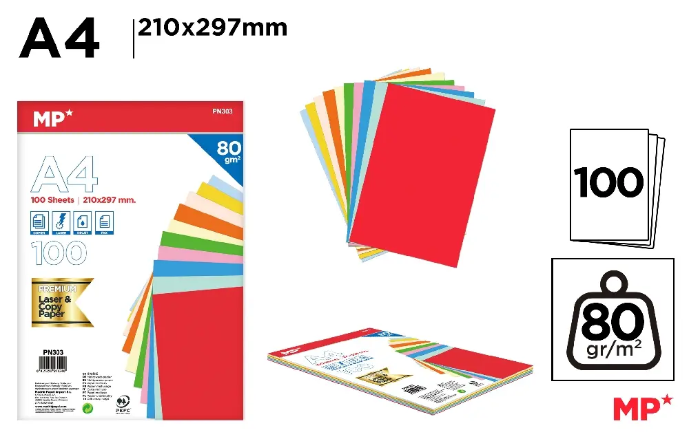 PAPIER A4 100 FEUILLES 80 g COULEURS ASS