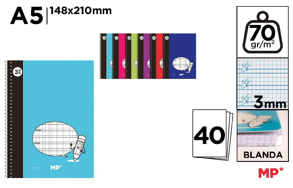 CAHIER À SPIRALE A5 40 FEUILLES 3 mm 70.