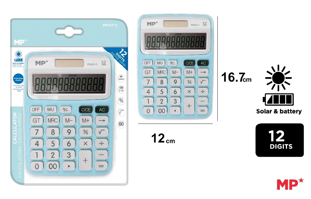 CALCULATRICE SOLAIRE ET À PILES BLEU CLA