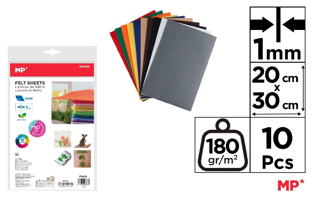 FEUTRINE 20 x 30 cm 10 COULEURS.
