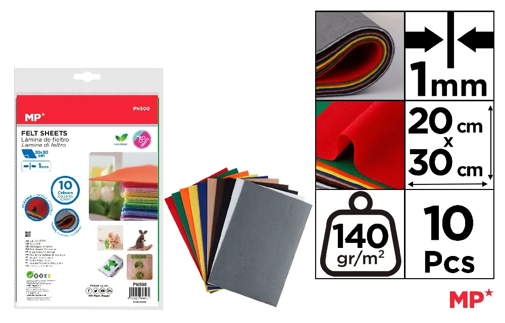 FEUTRINE 20 x 30 cm 10 COULEURS.